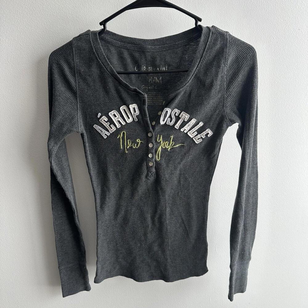 Aeropostale Gray Long Sleeve Y2K Button Down Women’s Size Medium